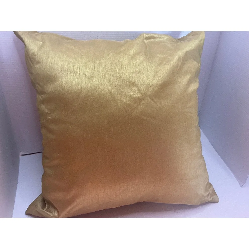 Gold Faux Silk Embroidered Floral Branch Throw Pillow 16x16 Modern
